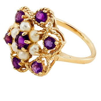 9ct gold Amethyst/Pearl Cluster Ring size O